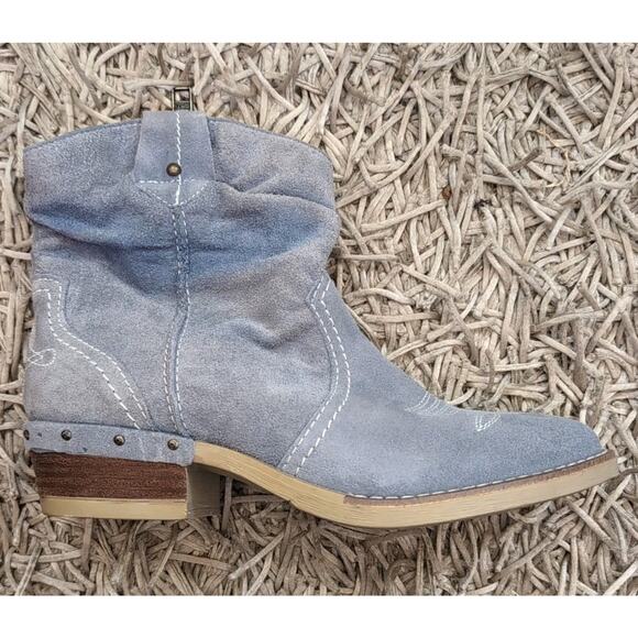 Sundance Etta Distressed Blue Suede Leather Short Ankle Boot Scrunched Size 41 - Picture 4 of 13